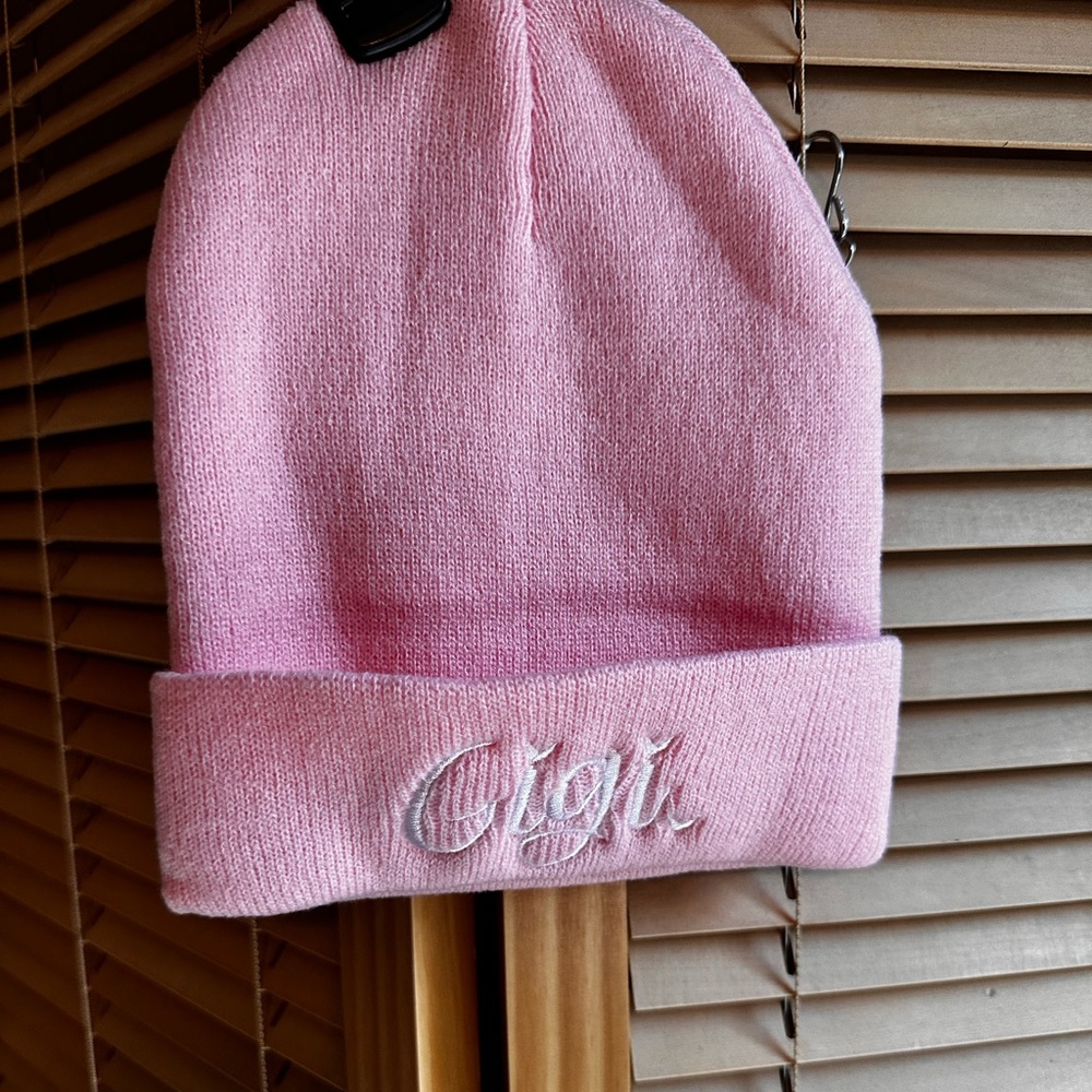 Knit beanie pink new hat with Gigi monogrammed